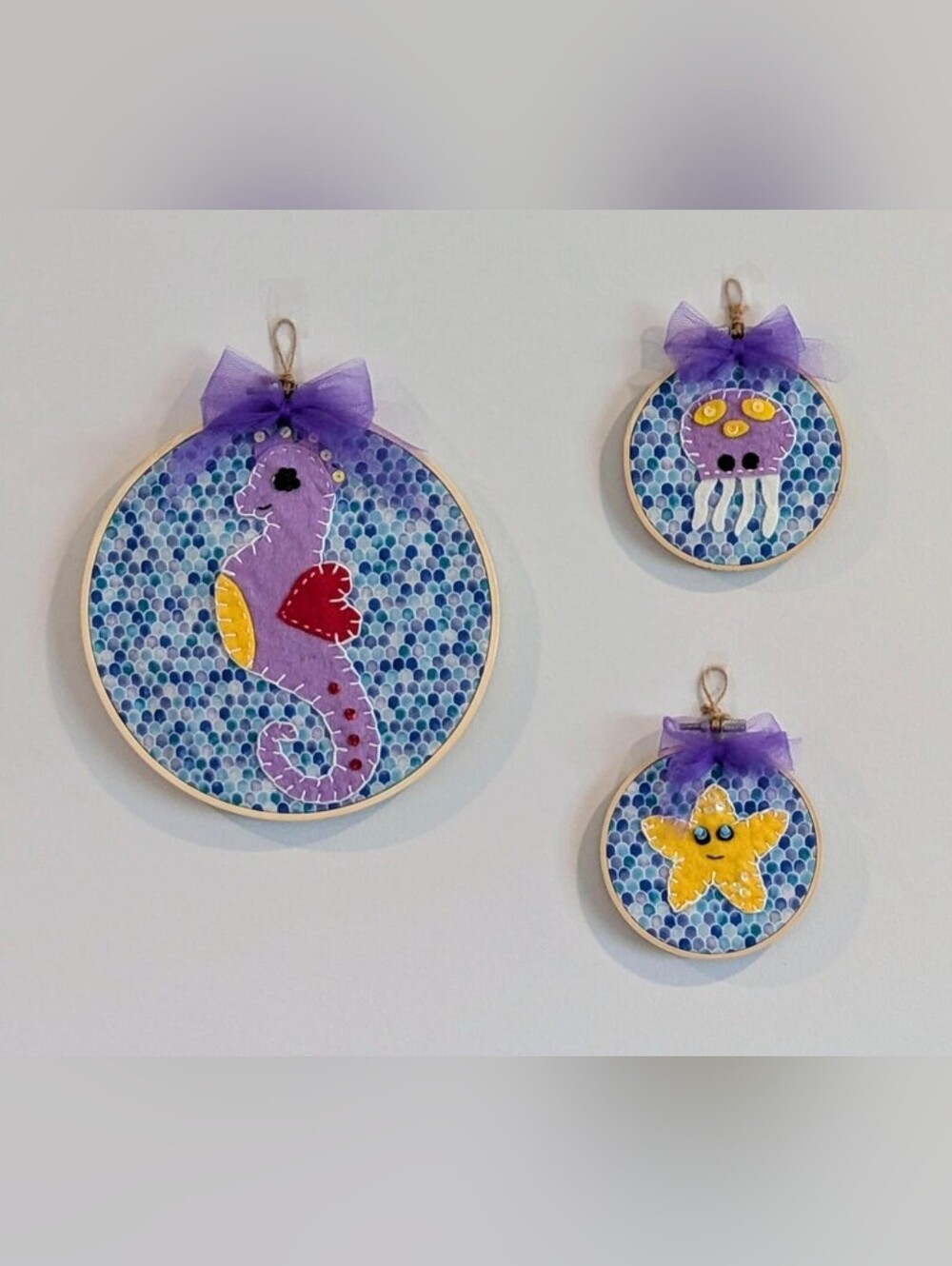 Handmade Sea Creature Embroidery Hoop Trio - Purple, Yellow, Blue